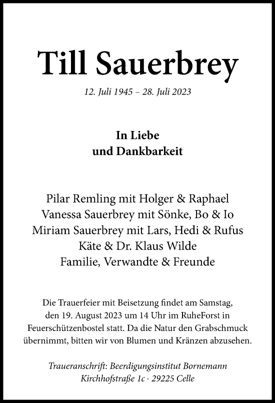 Traueranzeige von Till Sauerbrey von Cellesche Zeitung