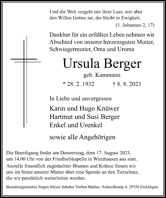 Traueranzeige von Ursula Berger von Cellesche Zeitung