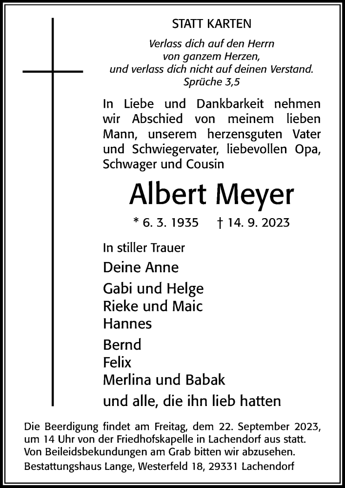  Traueranzeige für Albert Meyer vom 19.09.2023 aus Cellesche Zeitung