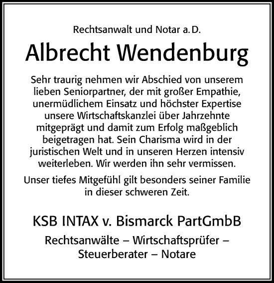 Traueranzeige von Albrecht Wendenburg von Cellesche Zeitung