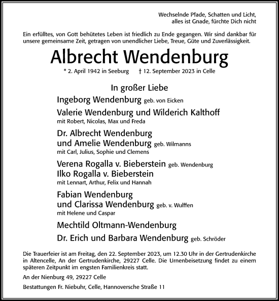 Traueranzeige von Albrecht Wendenburg von Cellesche Zeitung