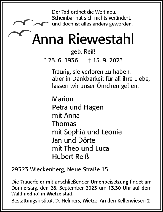 Traueranzeige von Anna Riewestahl von Cellesche Zeitung