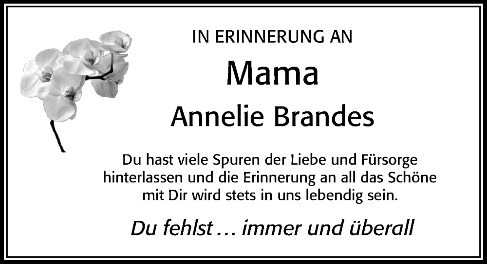  Traueranzeige für Annelie Brandes vom 18.09.2023 aus Cellesche Zeitung