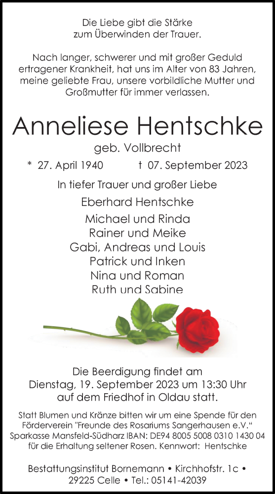  Traueranzeige für Anneliese Hentschke vom 16.09.2023 aus Cellesche Zeitung