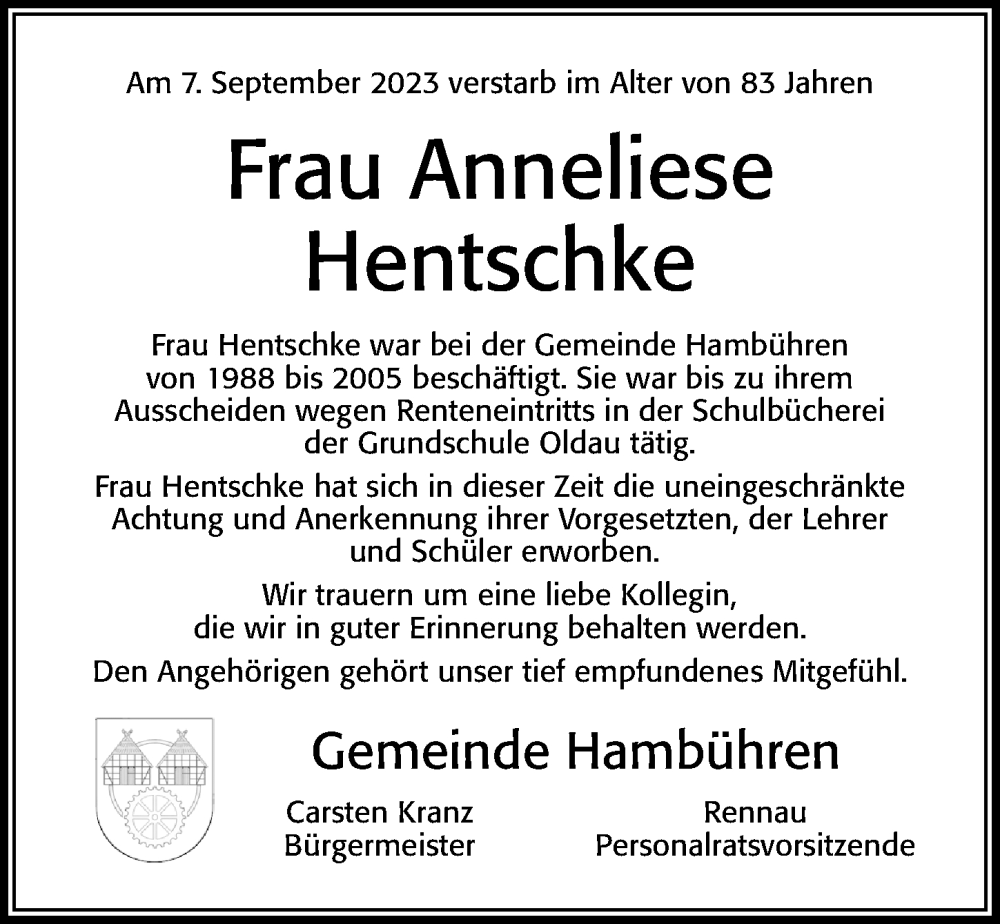  Traueranzeige für Anneliese Hentschke vom 19.09.2023 aus Cellesche Zeitung