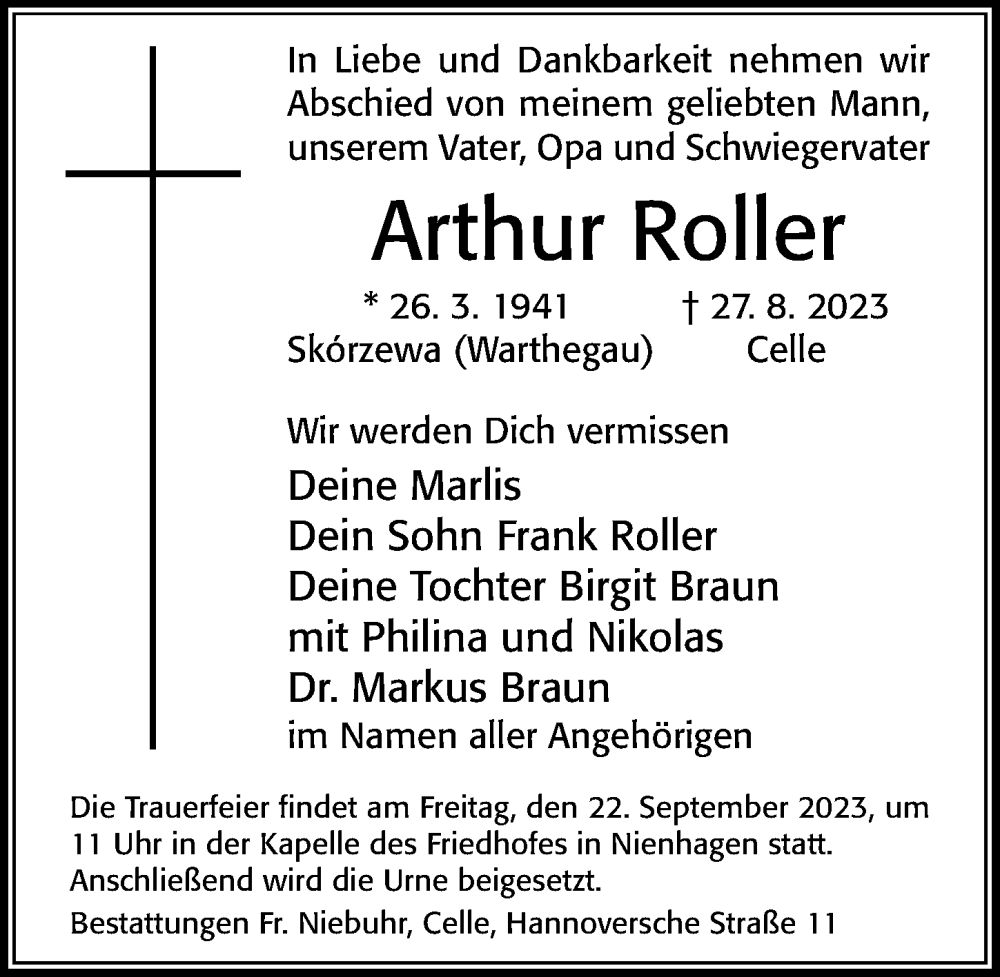  Traueranzeige für Arthur Roller vom 16.09.2023 aus Cellesche Zeitung