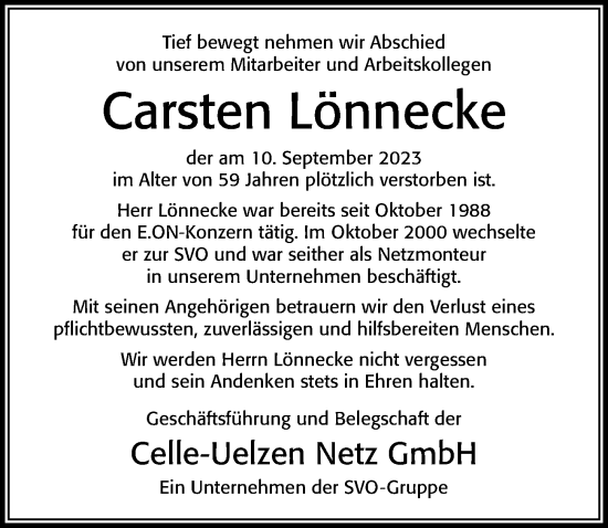 Traueranzeige von Carsten Lönnecke von Cellesche Zeitung