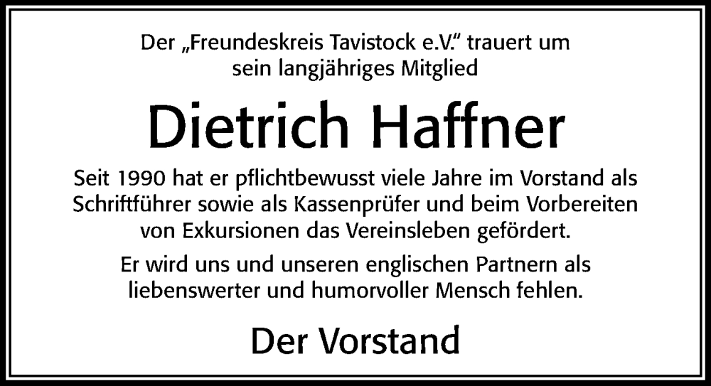  Traueranzeige für Dietrich Haffner vom 18.09.2023 aus Cellesche Zeitung