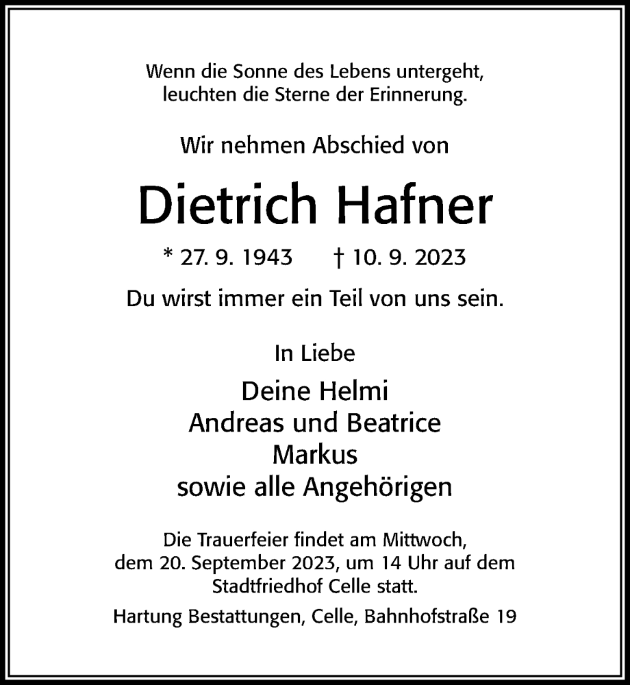  Traueranzeige für Dietrich Hafner vom 16.09.2023 aus Cellesche Zeitung