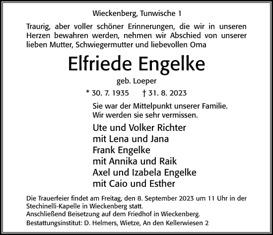 Traueranzeige von Elfriede Engelke von Cellesche Zeitung