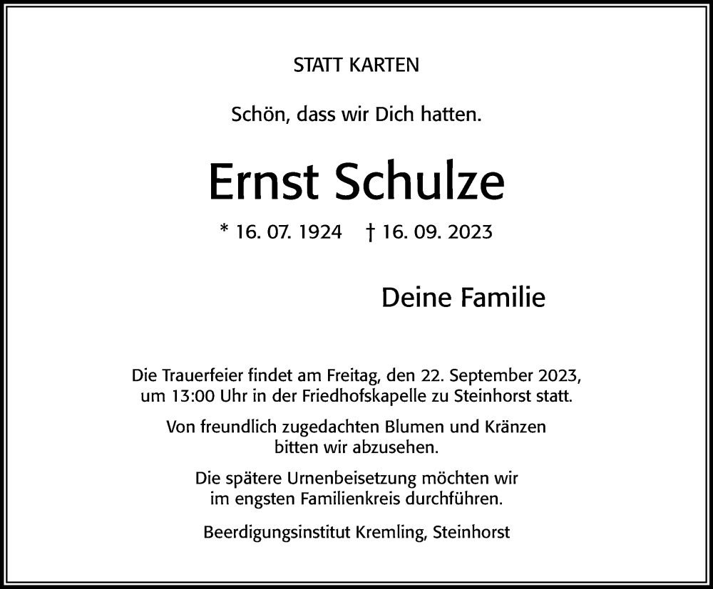  Traueranzeige für Ernst Schulze vom 19.09.2023 aus Cellesche Zeitung
