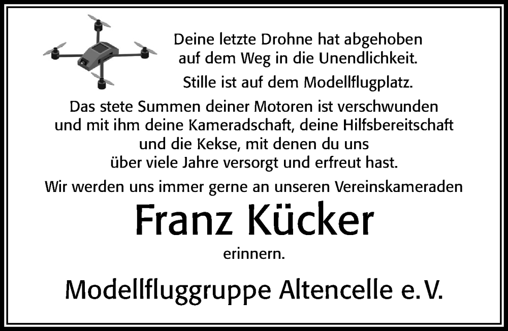  Traueranzeige für Franz Kücker vom 23.09.2023 aus Cellesche Zeitung