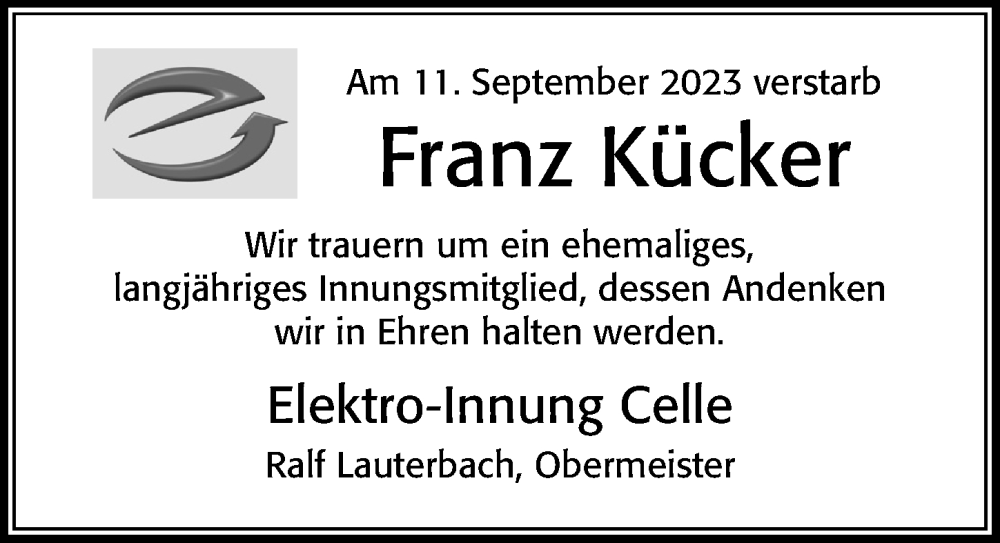  Traueranzeige für Franz Kücker vom 19.09.2023 aus Cellesche Zeitung