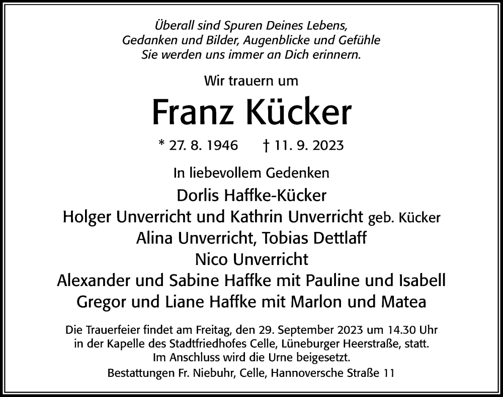  Traueranzeige für Franz Kücker vom 16.09.2023 aus Cellesche Zeitung