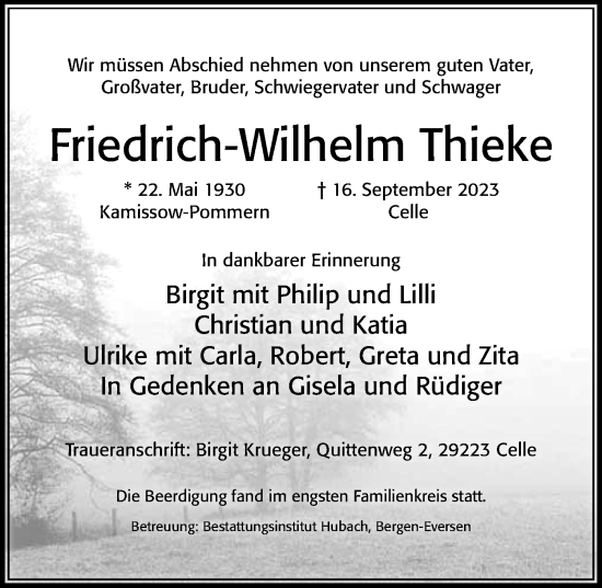 Traueranzeige von Friedrich-Wilhelm Thieke von Cellesche Zeitung