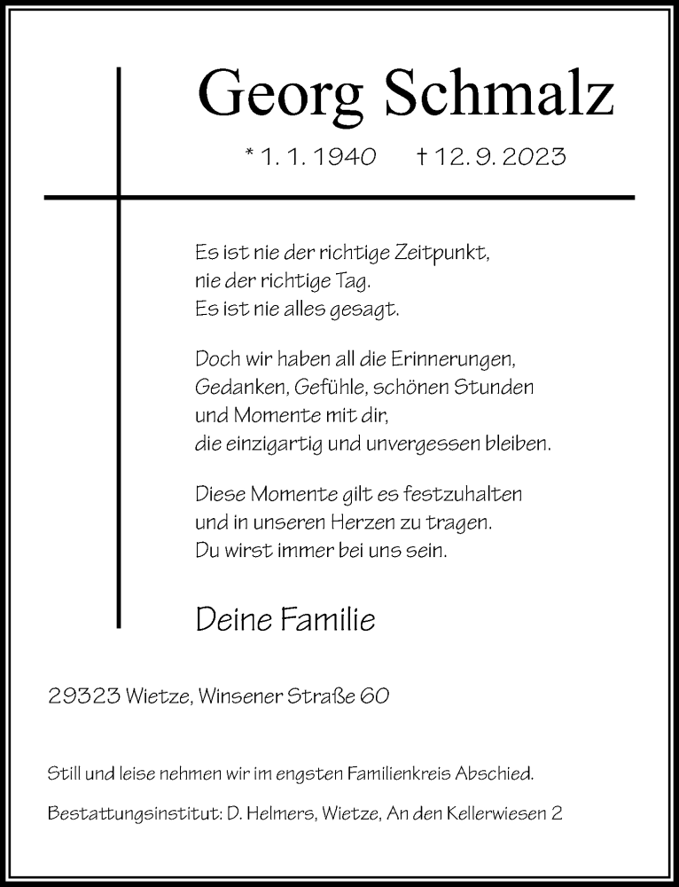  Traueranzeige für Georg Schmalz vom 16.09.2023 aus Cellesche Zeitung