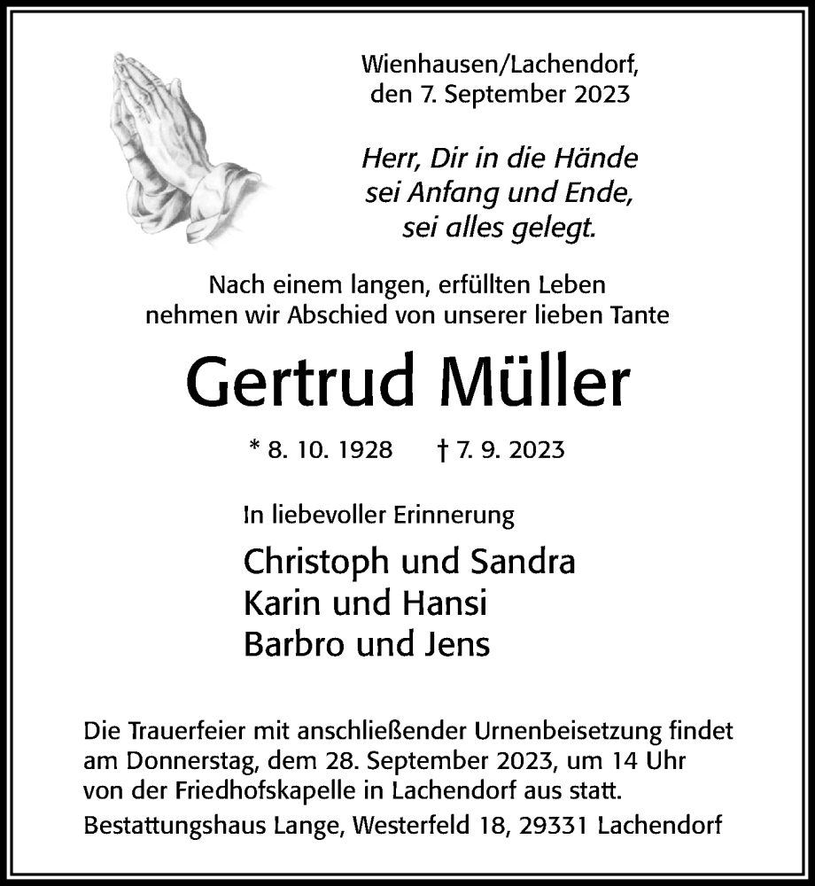  Traueranzeige für Gertrud Müller vom 16.09.2023 aus Cellesche Zeitung