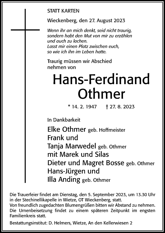 Traueranzeige von Hans-Ferdinand Othmer von Cellesche Zeitung