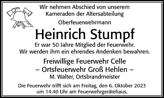 Traueranzeige von Heinrich Stumpf von Cellesche Zeitung