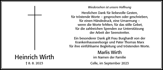 Traueranzeige von Heinrich Wirth von Cellesche Zeitung