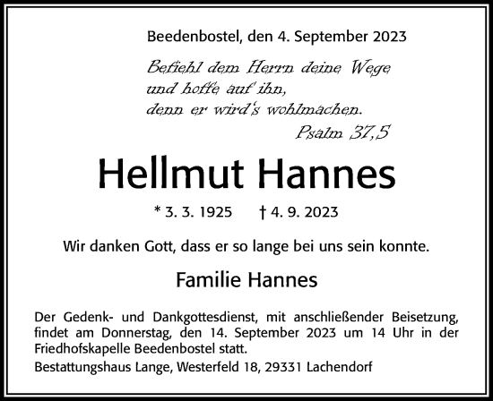 Traueranzeige von Hellmut Hannes von Cellesche Zeitung