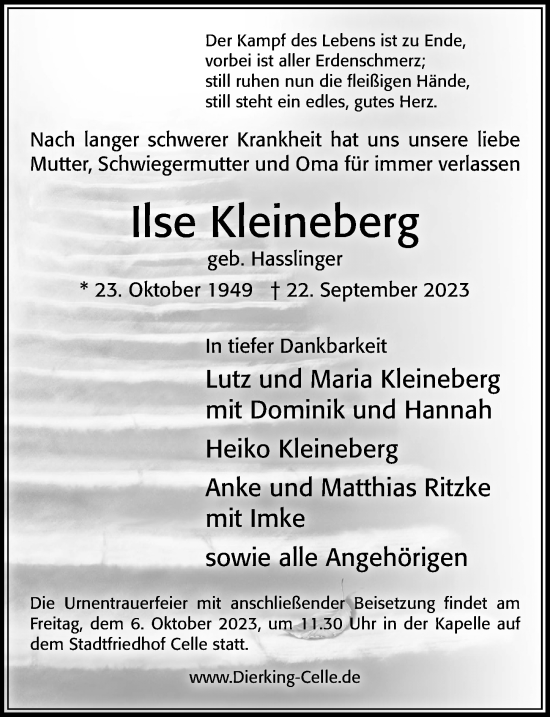 Traueranzeige von Ilse Kleineberg von Cellesche Zeitung