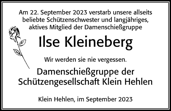 Traueranzeige von Ilse Kleineberg von Cellesche Zeitung