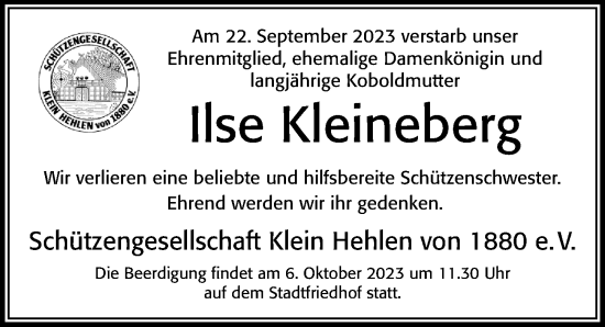 Traueranzeige von Ilse Kleineberg von Cellesche Zeitung