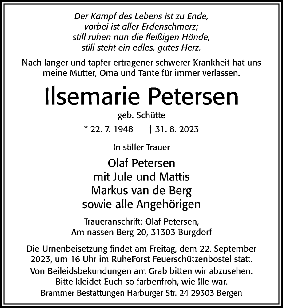 Traueranzeige für Ilsemarie Petersen vom 16.09.2023 aus Cellesche Zeitung