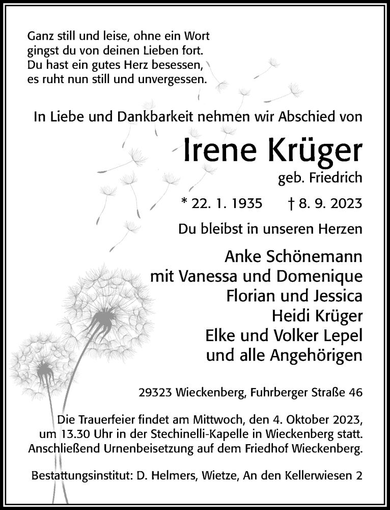  Traueranzeige für Irene Krüger vom 16.09.2023 aus Cellesche Zeitung