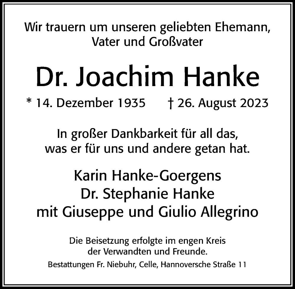  Traueranzeige für Joachim Hanke vom 02.09.2023 aus Cellesche Zeitung