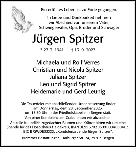 Traueranzeige von Jürgen Spitzer von Cellesche Zeitung