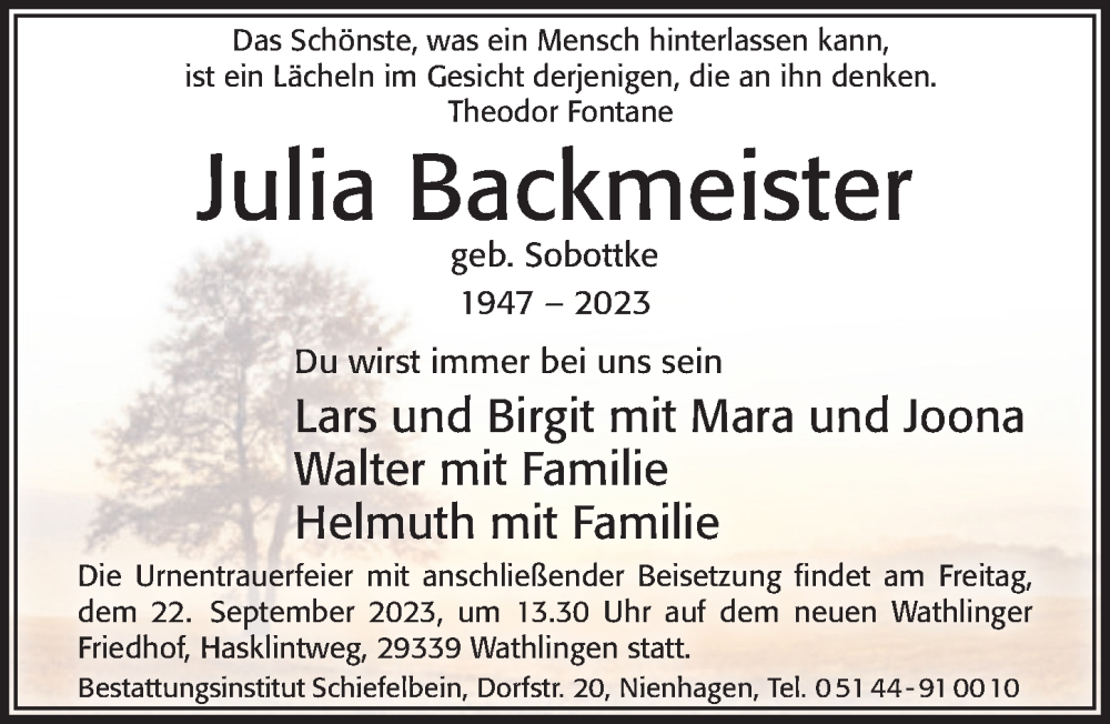  Traueranzeige für Julia Backmeister vom 16.09.2023 aus Cellesche Zeitung