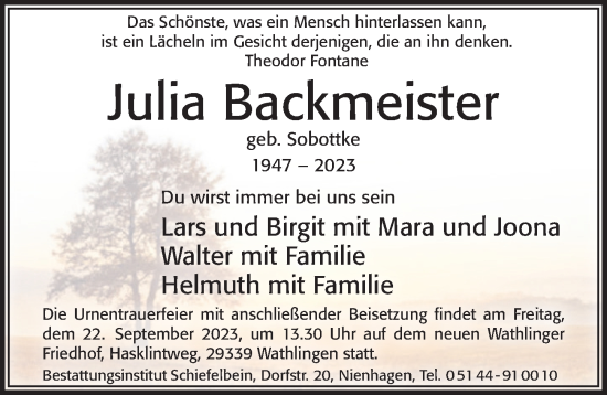Traueranzeige von Julia Backmeister von Cellesche Zeitung