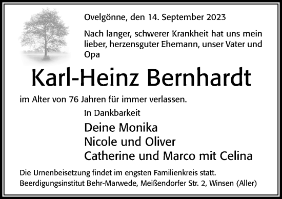 Traueranzeige von Karl-Heinz Bernhardt von Cellesche Zeitung