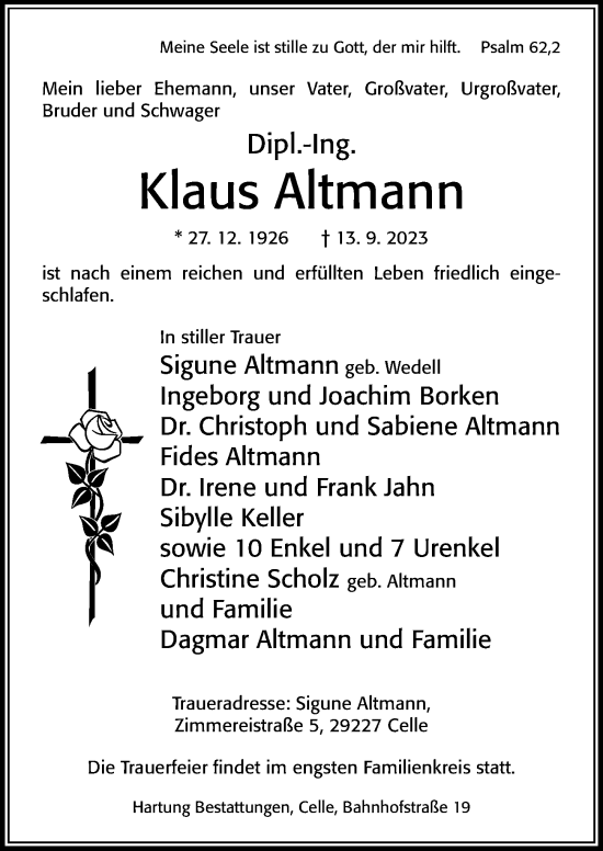 Traueranzeige von Klaus Altmann von Cellesche Zeitung