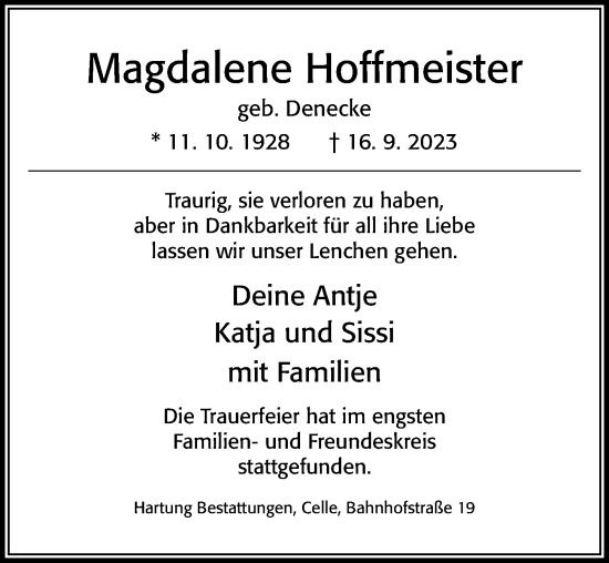 Traueranzeige von Magdalene Hoffmeister von Cellesche Zeitung