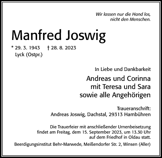 Traueranzeige von Manfred Joswig von Cellesche Zeitung