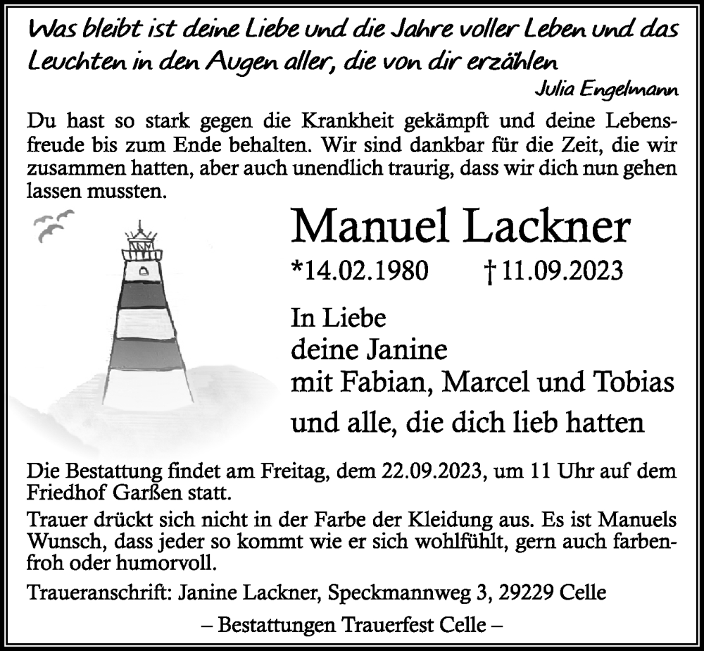  Traueranzeige für Manuel Lackner vom 16.09.2023 aus Cellesche Zeitung