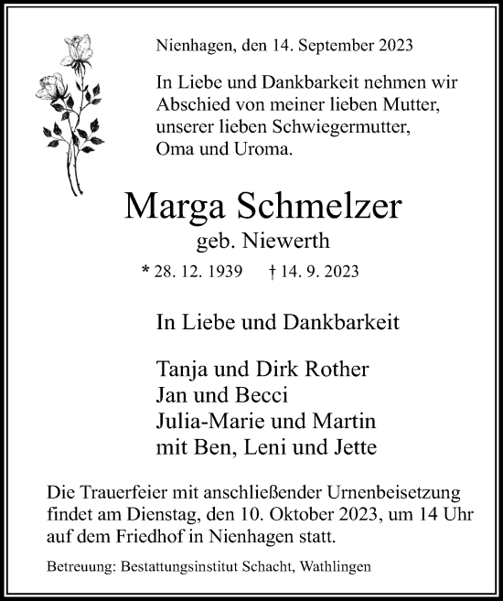 Traueranzeige von Marga Schmelzer von Cellesche Zeitung