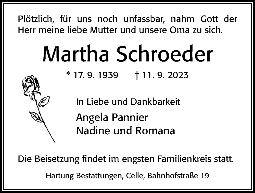  Traueranzeige für Martha Schroeder vom 16.09.2023 aus Cellesche Zeitung