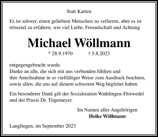 Traueranzeige von Michael Wöllmann von Cellesche Zeitung