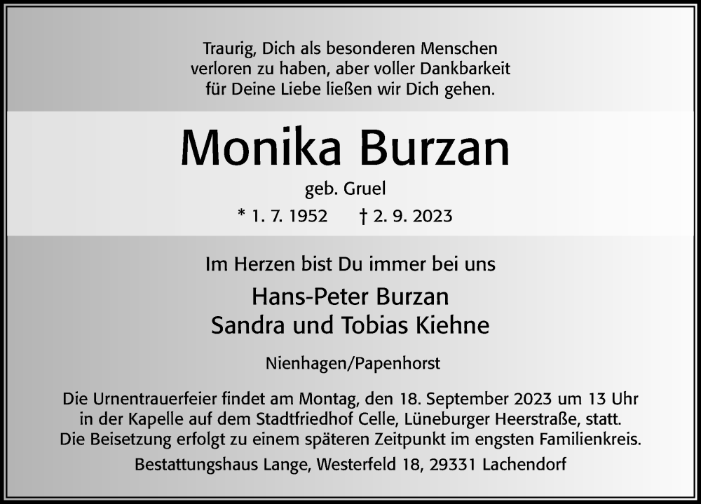  Traueranzeige für Monika Burzan vom 09.09.2023 aus Cellesche Zeitung