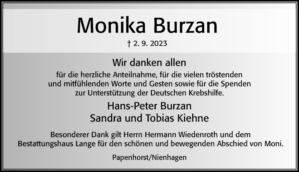  Traueranzeige für Monika Burzan vom 29.09.2023 aus Cellesche Zeitung