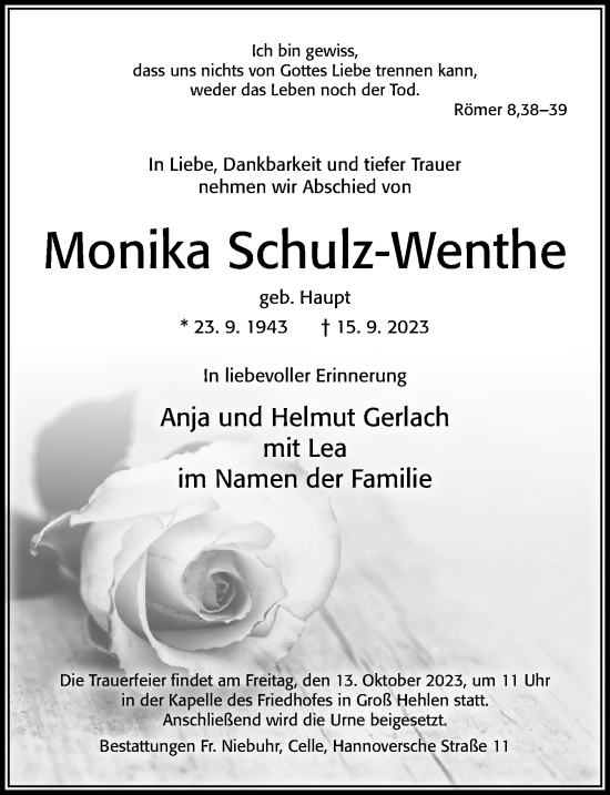 Traueranzeige von Monika Schulz-Wenthe von Cellesche Zeitung