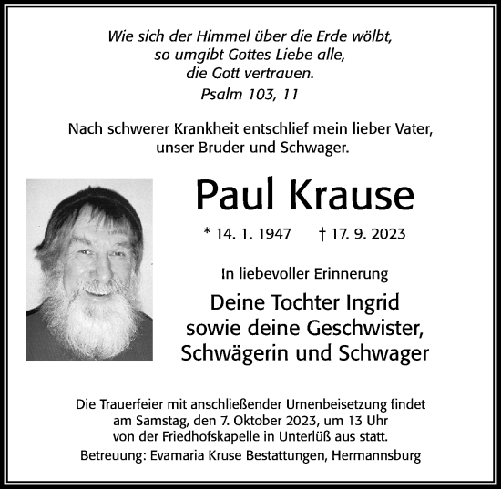 Traueranzeige von Paul Krause von Cellesche Zeitung