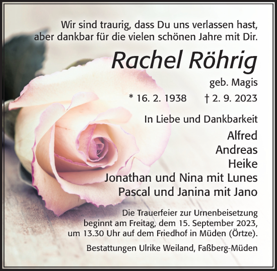 Traueranzeige von Rachel Röhrig von Cellesche Zeitung