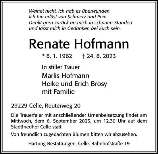 Traueranzeige von Renate Hofmann von Cellesche Zeitung