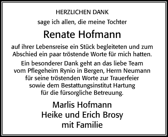 Traueranzeige von Renate Hofmann von Cellesche Zeitung