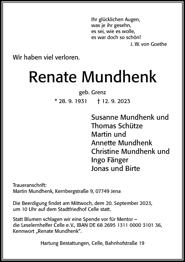  Traueranzeige für Renate Mundhenk vom 16.09.2023 aus Cellesche Zeitung